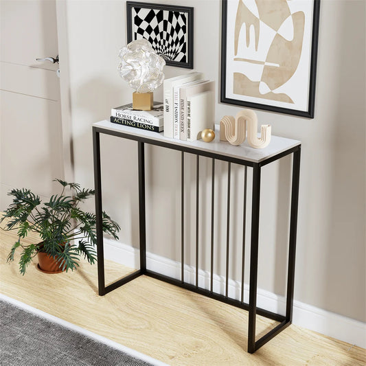 LUVODI Modern Rectangle Shaped White Sintered Stone Top Black Iron Metal Base Door Entry Console Tables/Colors-White Emerald /White/Product Dimension: L x W x H 80x30x78.5cm/ 31.49x11.81x30.90inches