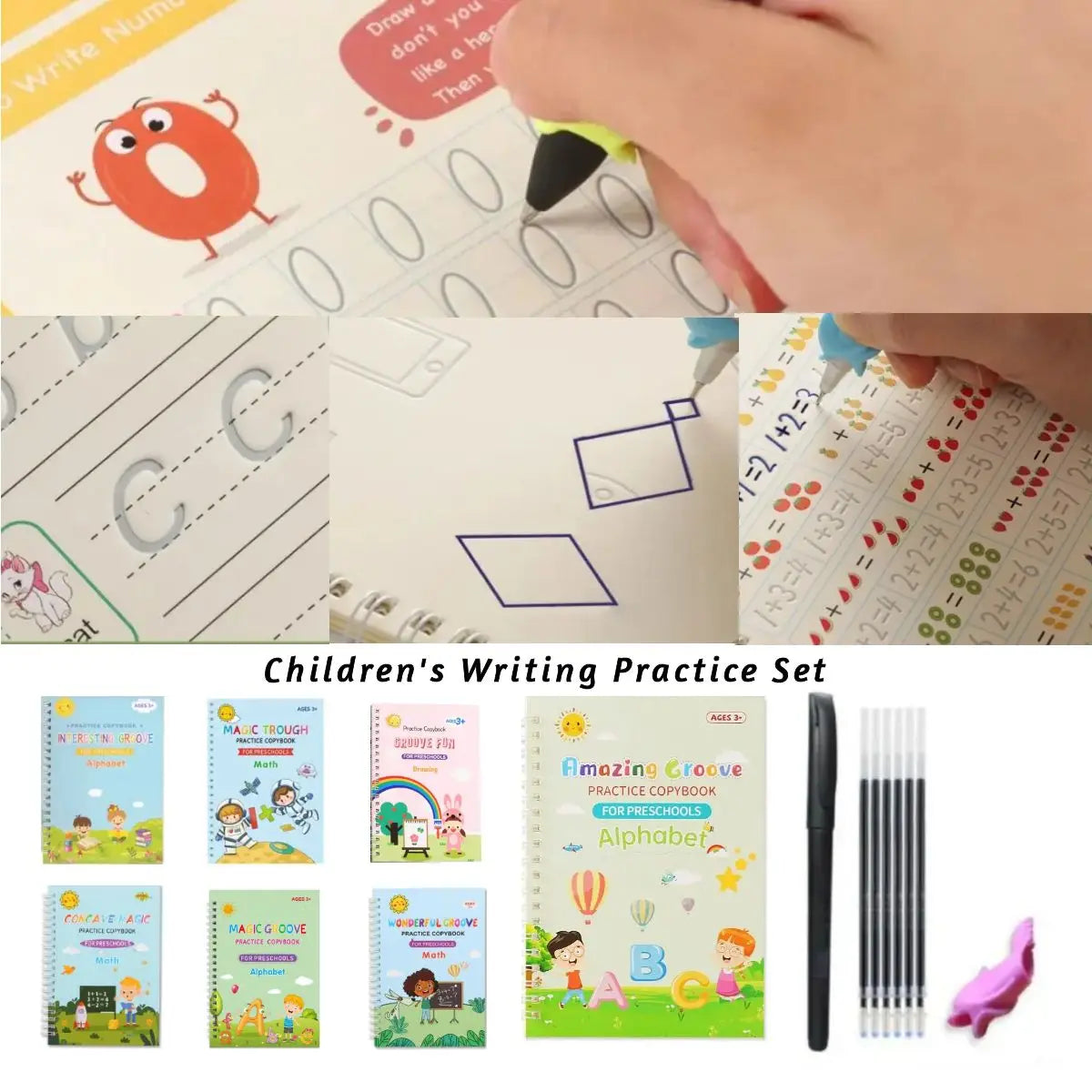 No-EN-Name-Null Kids 4 PCS English Groove Magic Practice Writing Letters-Numbers White Thick Cardboard Multicolor Paperback Copybooks Reading Toys /Ages: 1-14  Years Old-Older /Pens/Pen Grip