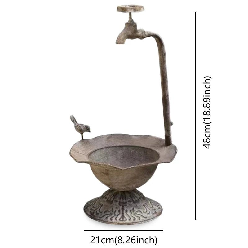 No-EN-Name-Null Outdoor Home Garden Free-Standing Antique Bronze Metal Faucet-Small Bird Plastic Flowerpot Hallow Base Spa Synthetic Birdbaths/ Colors-Bronze/Brown/White/Gray/Floral
