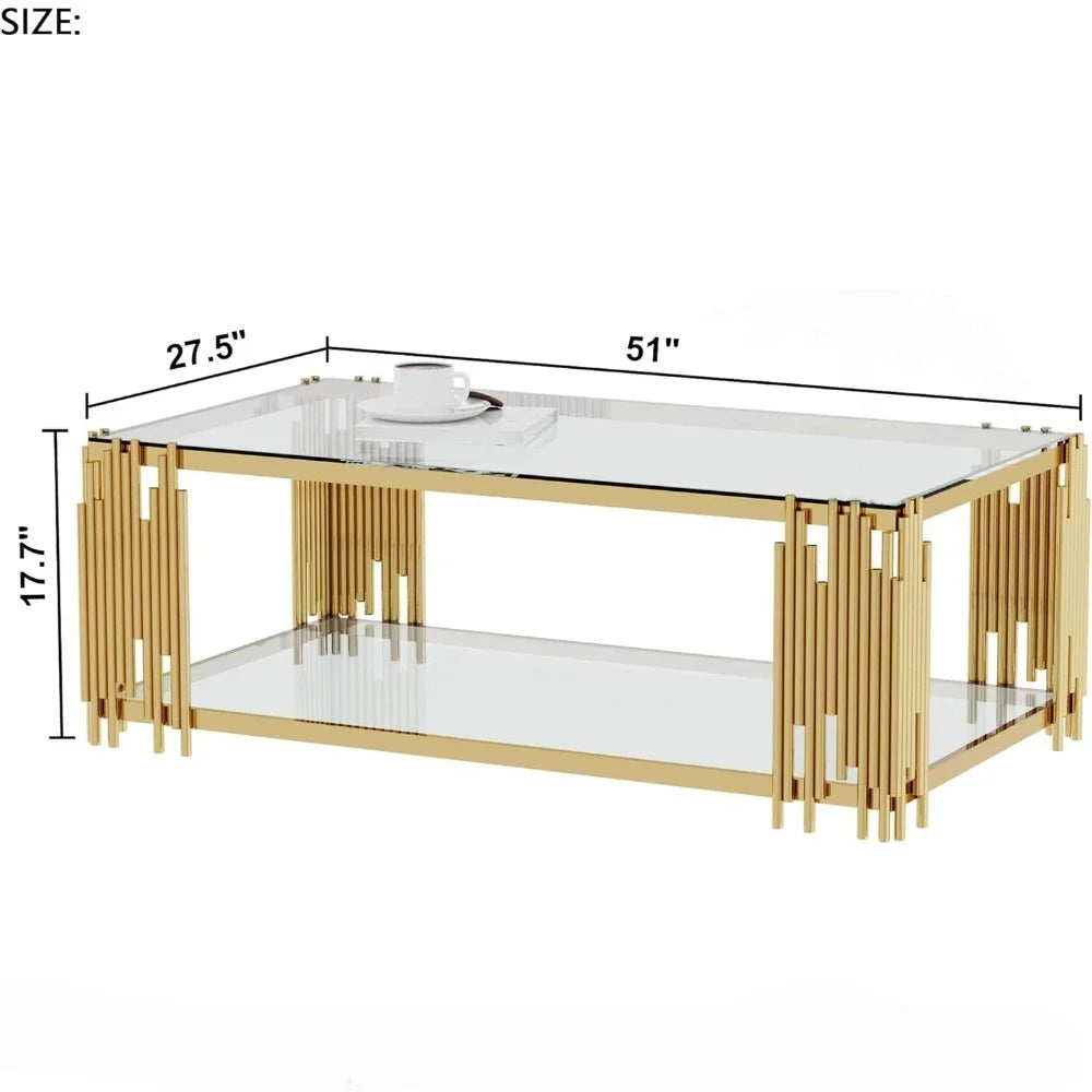 RUO WU Modern Clear Tempered 8MM Thick Glass Top Rectangle Shaped Gold Stainless Steel Pipe Welded Legs Coffee Tables