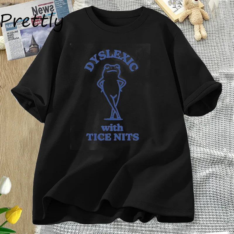 PRETTLY Women Round Neck Saying Dyslexic Tice Nits Funny Cartoon Dyslexia Bear Soft Stretchable Short Sleeve Cotton T-Shirts/Sizes S-3XL In Asian Size/Colors-Beige/Black/Gray/Green/Blue/Yellow/Pink/Red/Multicolor