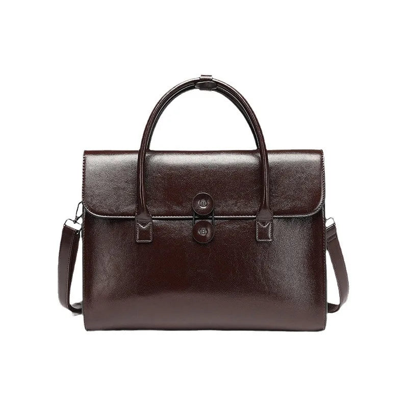 RTRS Women Genuine Brown-Black Cow Leather Built-In 14 Inch Laptop Compartment Internal Padding Hasp Closure Soft Two Carry Handles-Strap Polyester Lining Rectangle Briefcase Handbags/Protective Sleeves Inside/Suitable For 14 Inch Laptop