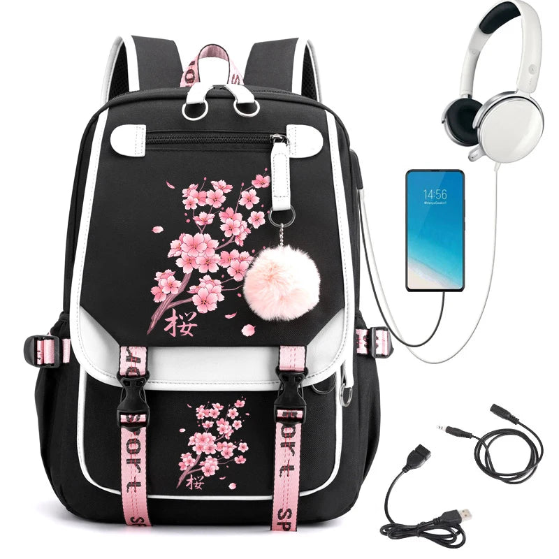 No-EN-Name-Null Women Black-Pink Cherry Blossoms External Double Front Pockets Multicolor Canvas Fabric Curve Back Metal Zipper USB Charging Nylon Lining Detachable S-Shaped Shoulder Straps-Handle School Backpacks/One IPAD Compartment/Side Pocket