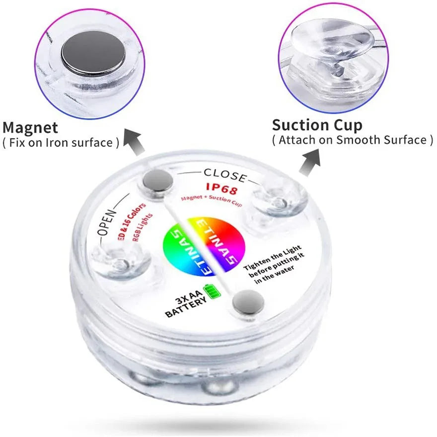 No-EN-Name-Null Outdoor Waterproof Remote Control Clear Plastic Round Transparent Shell 3 Modes Adjustable 16 LED Lights DC-Powered Magnetic Suction Cup Underwater Swimming Pool Floating-Submersible Lights/Colors-White/Clear/Multicolor