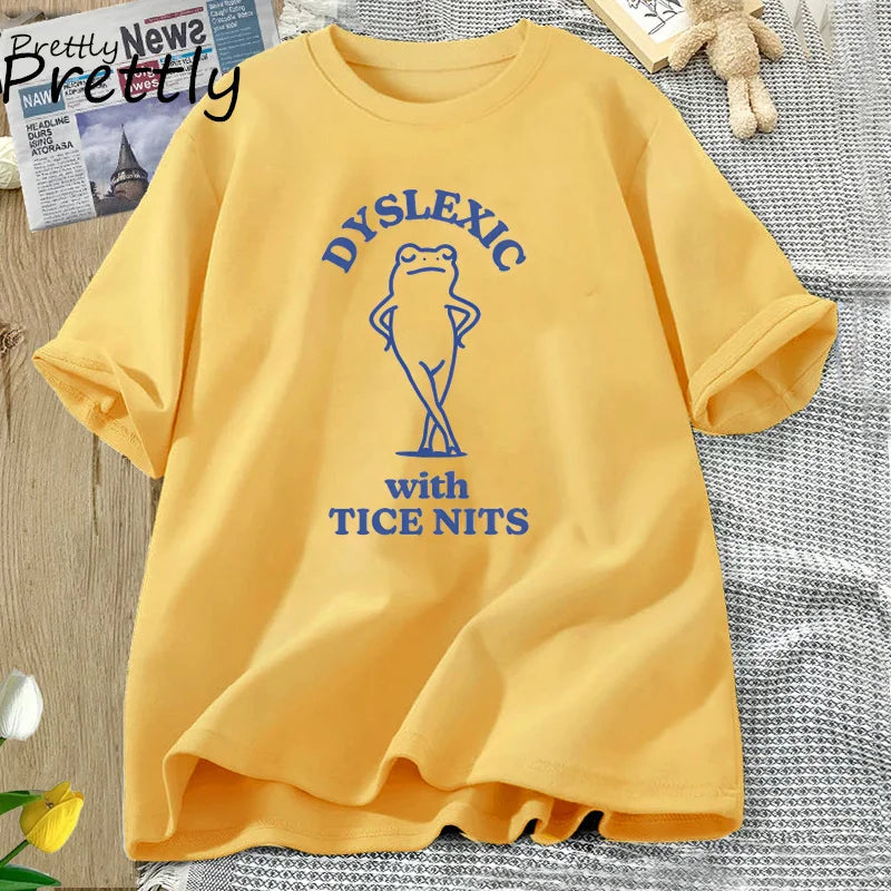 PRETTLY Women Round Neck Saying Dyslexic Tice Nits Funny Cartoon Dyslexia Bear Soft Stretchable Short Sleeve Cotton T-Shirts/Sizes S-3XL In Asian Size/Colors-Beige/Black/Gray/Green/Blue/Yellow/Pink/Red/Multicolor