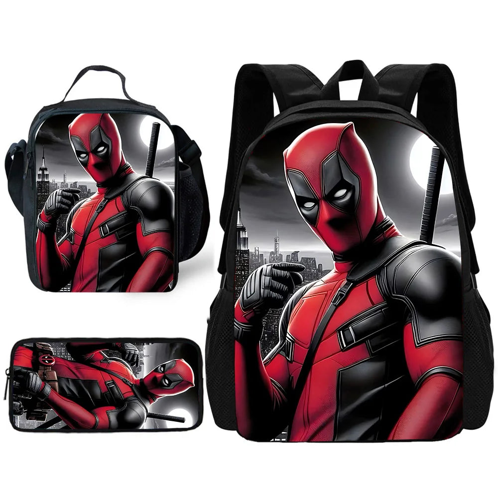 MINISO 3 PCS Waterproof Curved Back Nylon Fabric Cartoon Smiling Critters Super Hero Adjustable Straps-One Handle School Backpacks /Lunch Bags/Pencil Bag/Tablet Inserting Pocket/Water Bottle Pocket/Colors-Red/Black/Purple/Multicolor