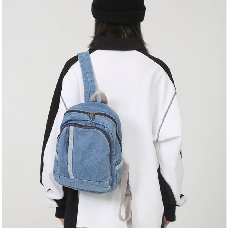 BAELLERRY Light Blue-Deep Blue Denim Jeans Fabric External Metal Zippers-Pockets Canvas Lining One Handle-Two Adjustable Shoulder Straps Large Main Compartment School Backpacks/Water Bottle Holder