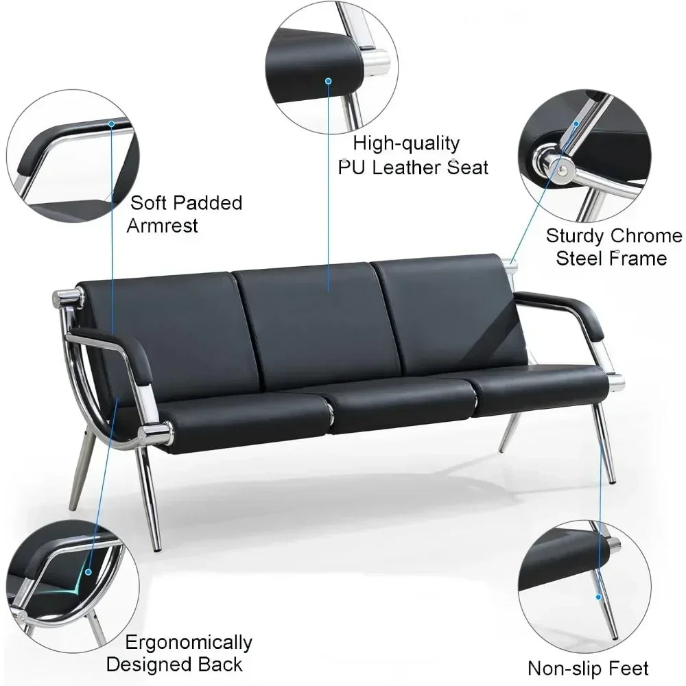 No-EN-Name-Null Black Soft PU Leather Upholstered Padded Foam Cushion Alloy Steel Metal Armrests-Legs Frame Lumbar Support Waiting Room Benches/ Maximum Weight 340 Pounds