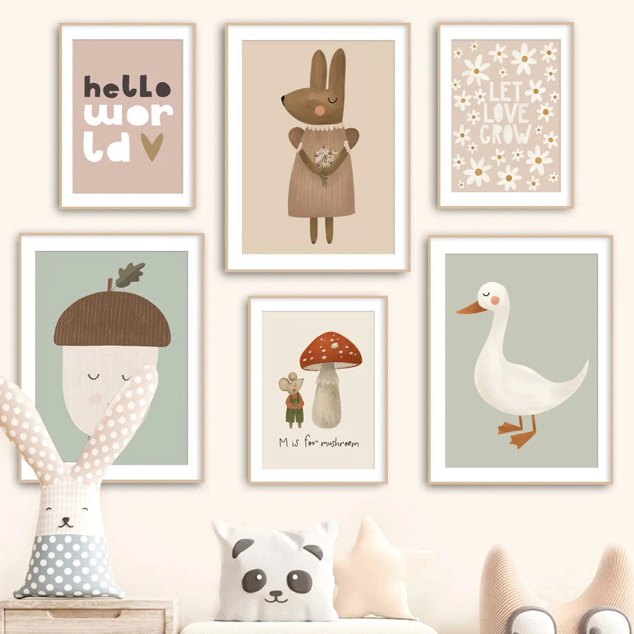 No-EN-Name-Null Retro Unframed Waterproof Ink Nature Cartoon Animals Canvas Rectangle Wall Art Prints /Color- Multicolor