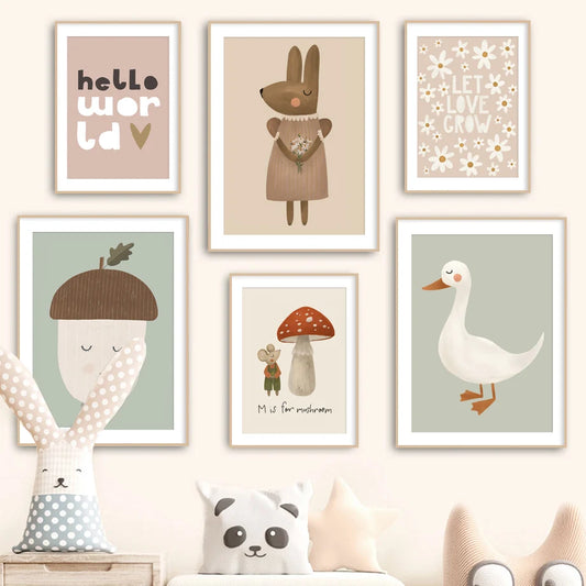 No-EN-Name-Null Retro Unframed Waterproof Ink Nature Cartoon Animals Canvas Rectangle Wall Art Prints /Color- Multicolor