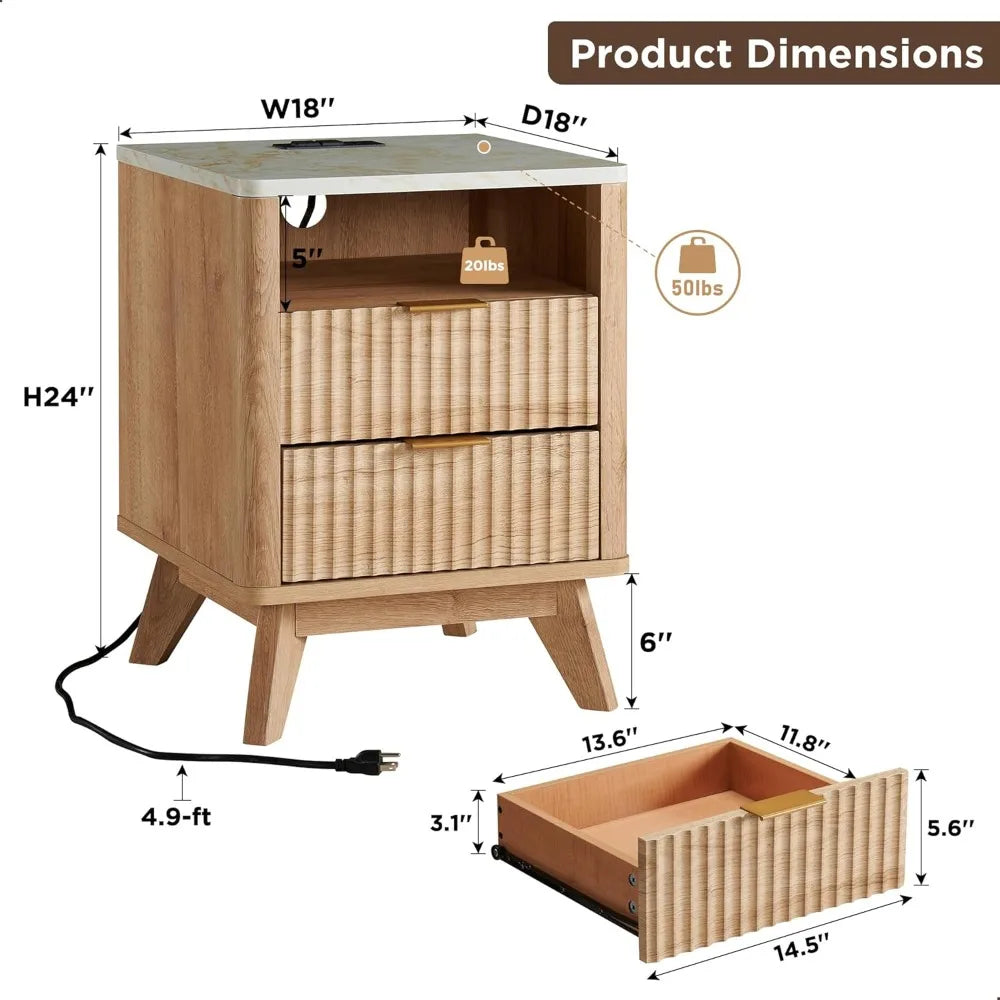 ANGDUO White Faux Marble Top-Fluted Oak Wood Earth-Tone Veins Nightstands/Charging Station 2 AC outlets- 2 USB ports  / 2 Drawers /Dimensions: 18"D x 18"W x 24"H/ Colors-Natural Oak, Dark Walnut, Dark Gray, Solid White