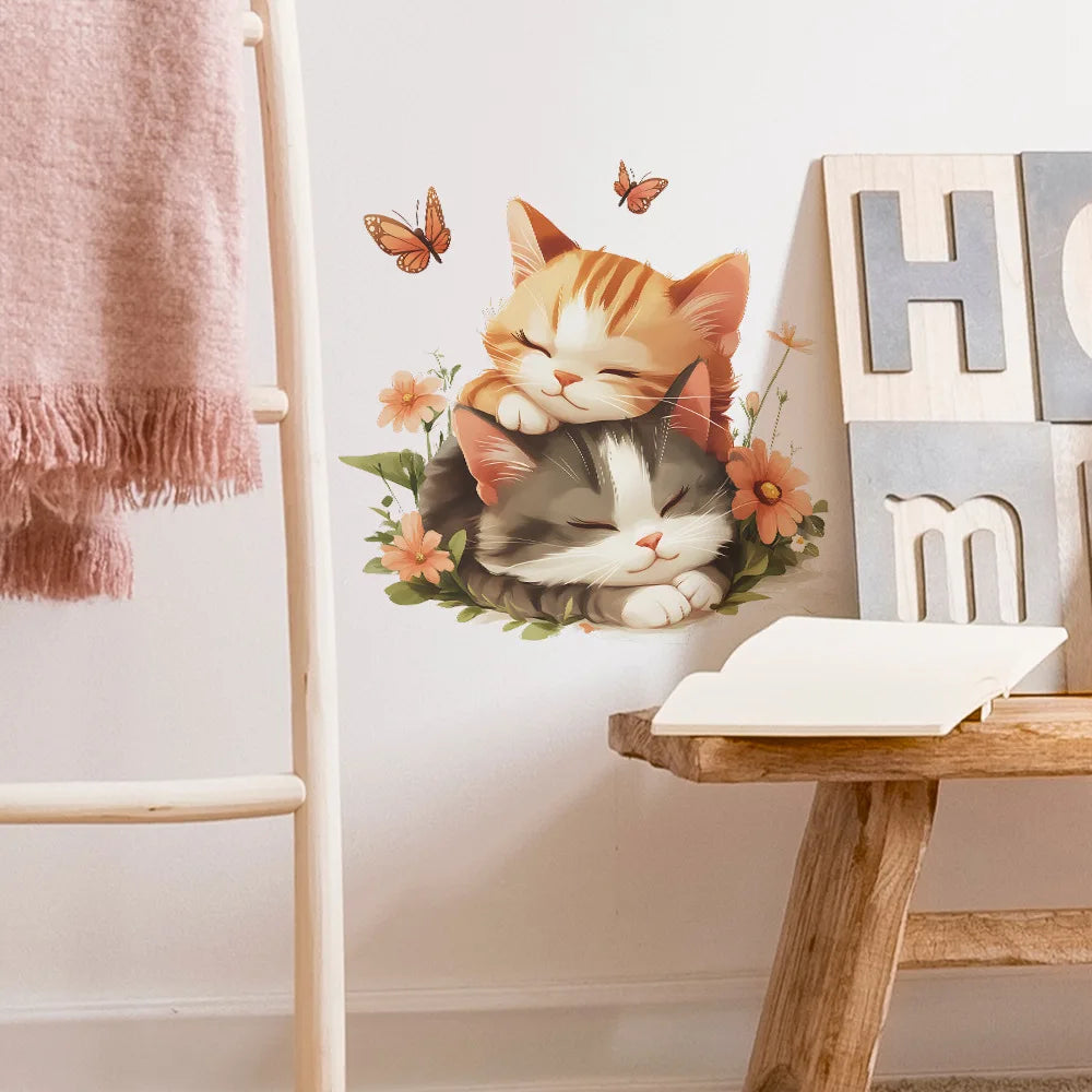 HONC Kids Waterproof Mildewproof Plastic Double-Sided Visual Multicolor Cute Cartoon Sleeping Cats Design Self-Adhesive Floral Butterflies Wall Decals/Colors-Animal/Multicolor