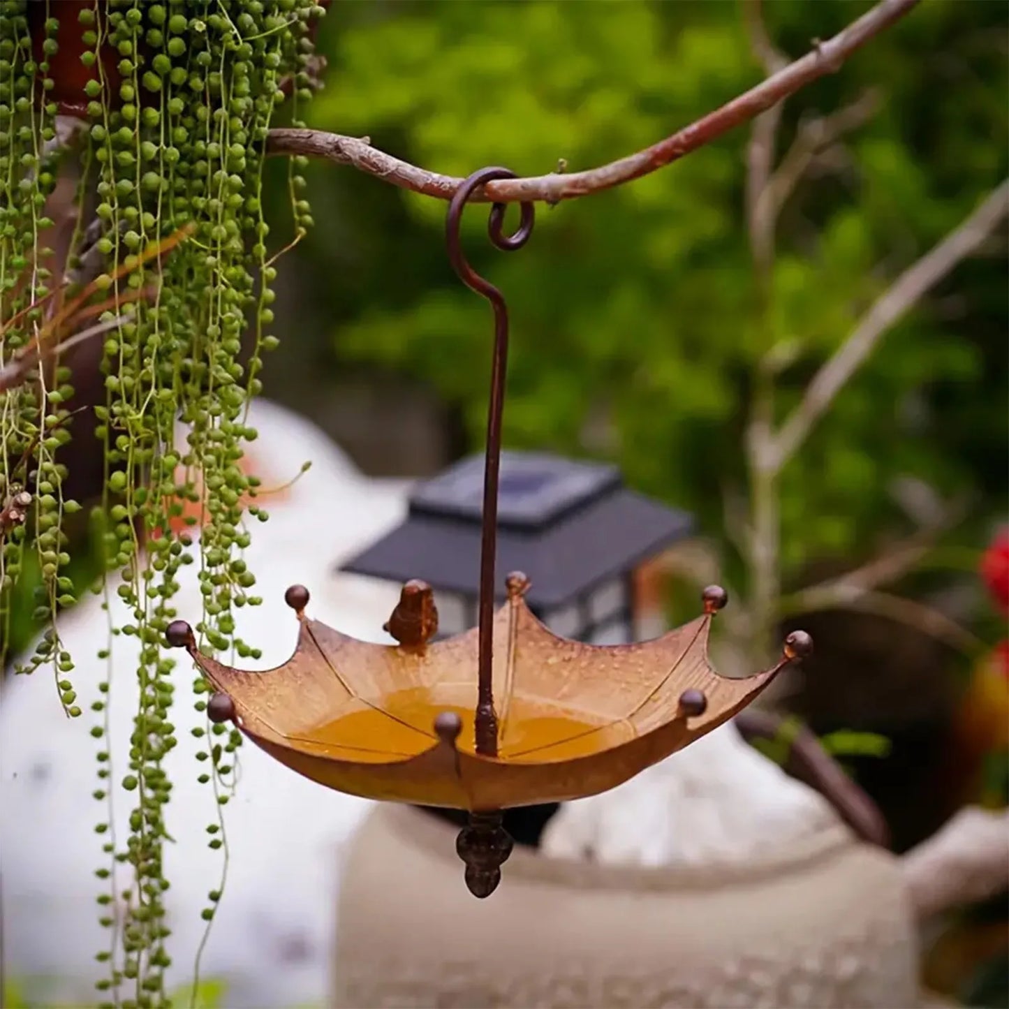 ISHOWTIENDA Outdoor Black Iron Metal Stainless Steel Hanging Upside Down Umbrella Shaped Garden Bird Bath Bowl-Bird Feeders/Colors-Black/Brown/Bronze