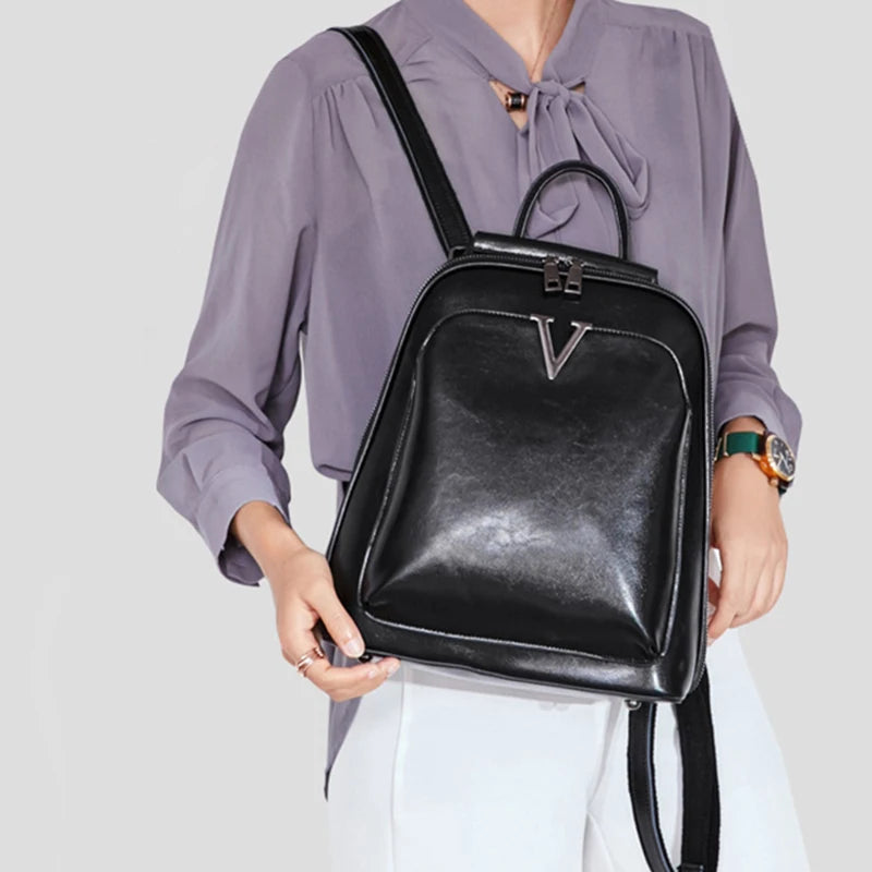 HAOSHUAI Women Lightweight Softback Oil Wax Brown Cowhide Leather Cross Body Adjustable Shoulder Strap-Handle Double Zippers Polyester Lining Built-In Compartment External Pockets Backpacks/Colors-Green/Black/Brown/Protective Sleeve