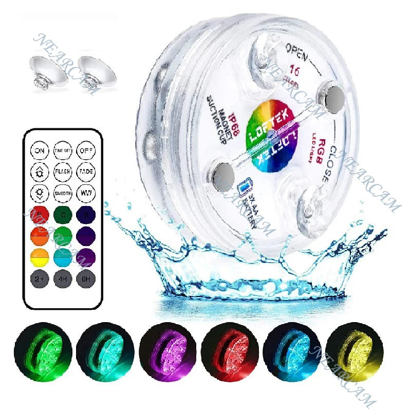 No-EN-Name-Null Outdoor Waterproof Remote Control Clear Plastic Round Transparent Shell 3 Modes Adjustable 16 LED Lights DC-Powered Magnetic Suction Cup Underwater Swimming Pool Floating-Submersible Lights/Colors-White/Clear/Multicolor