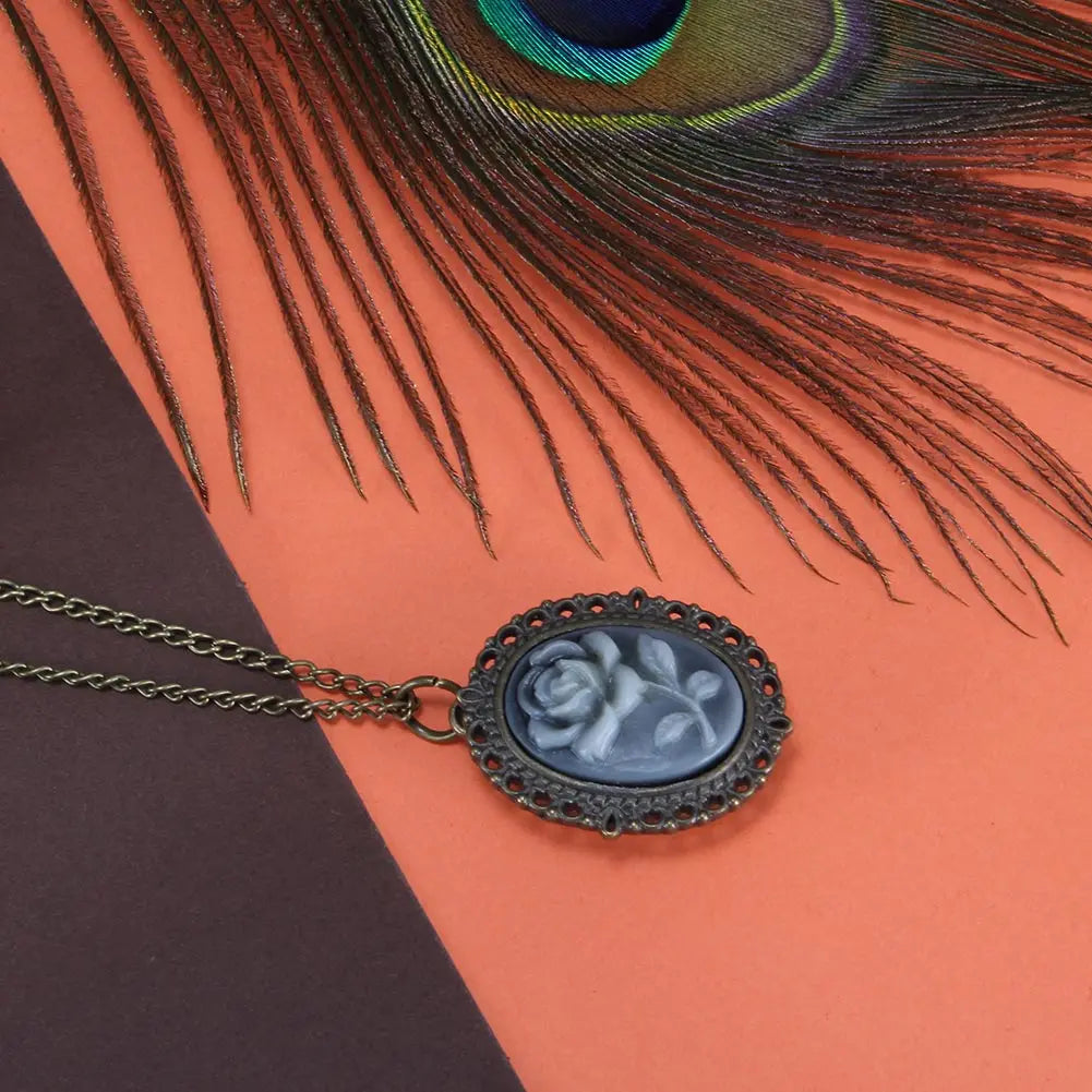JEWATCHYER Adult Women Vintage Metal Alloy Oval Shaped Quartz Arabic Numeral Analog Display Floral Cameo Carved Rose Bronze Necklace Chain-Pocket Watches