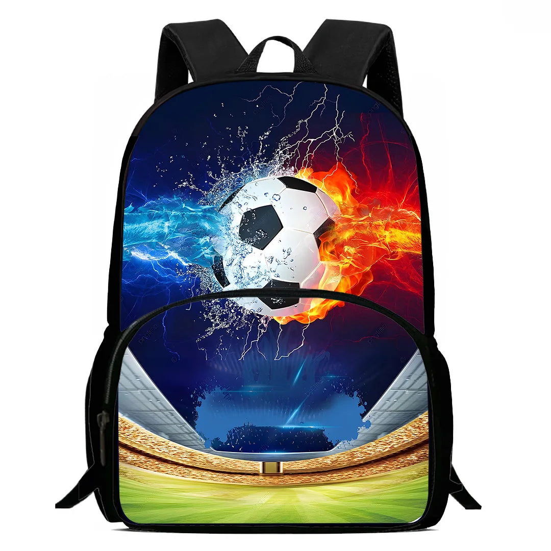 MINISO Kids 3 PCS Large Waterproof Nylon Fabric Zippers Exterior Pockets Printed-Burning Flames Soccer Ball Design Curved Back Shoulder Straps-Handle Sports IPAD Compartment School Backpacks/Color-Black/White/Blue/Multicolor