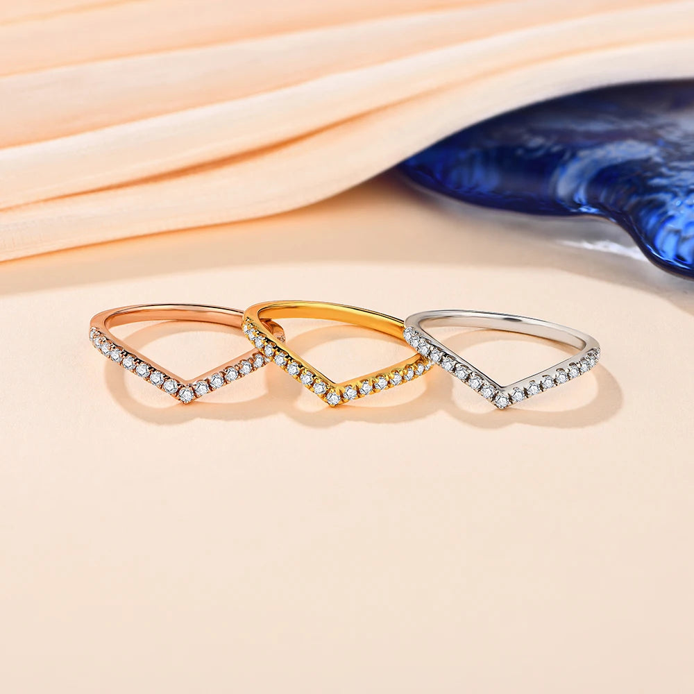 ATTAGEMS Fine Sterling Silver-18K Gold-Plated White Silver Rhodium Metal Shiny Clear White Imitation Diamond Earrings-Hand V Shaped Round Prong Wedding Band Rings/Colors-Silver/Gold/White/Clear/Multicolor