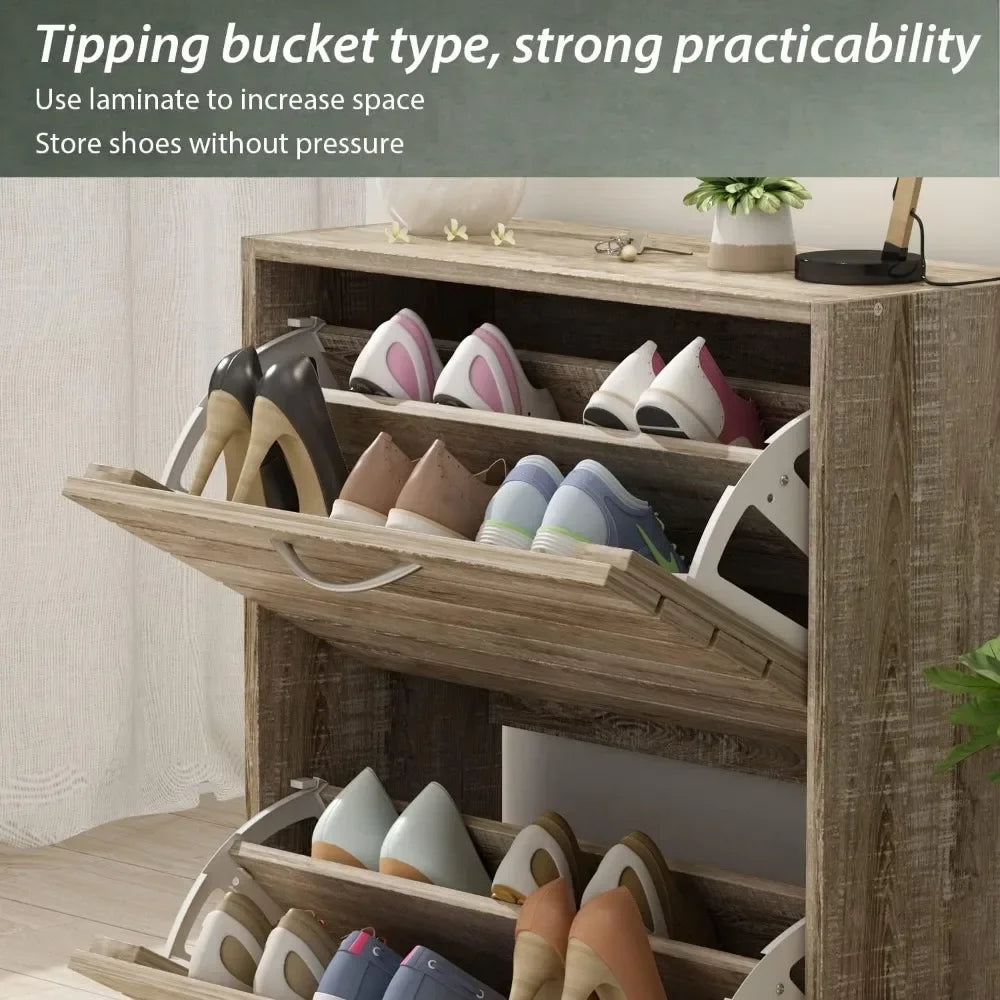 ANGDUO Brown Durable MDF Wood Rectangle Entryway Waterproof Two Flip-Out Drawers-2-Tiers In Each Lockers-Storage Cabinet Shoe Organizers/Assembly Required/ Colors-Brown/White/Gray/Striped/Storage Options/Dimensions : 9.4"D x 22.4"W x 29.5"H/