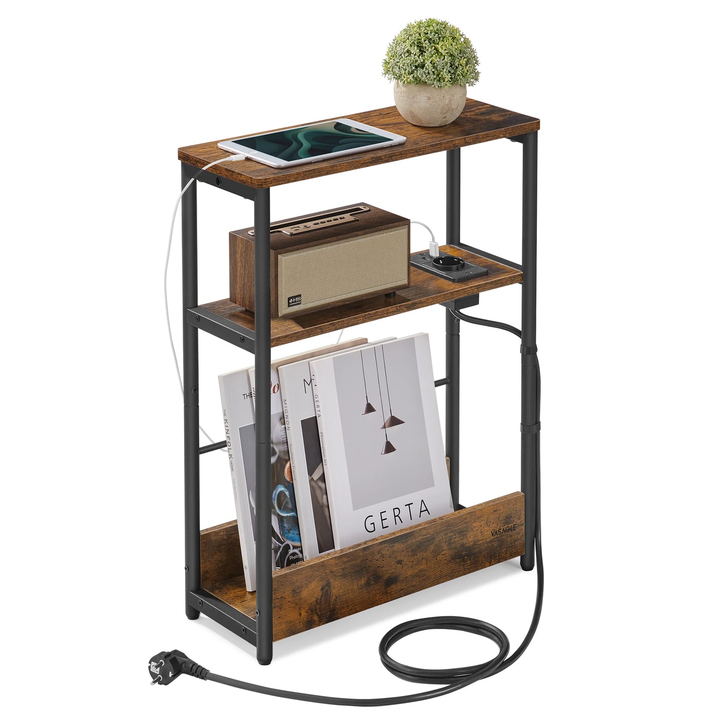 VASAGLE Rustic Brown-Black Metal Frame Slim Adjustable Height End Tables /Power Strip/2 Cable Ties/ 1 Mounting kit/ 1 Instruction Manual/Colors-Rustic Brown/Ink Black/Ivory/ Dimensions : 18 x 45 x 58 cm (P x L x H)