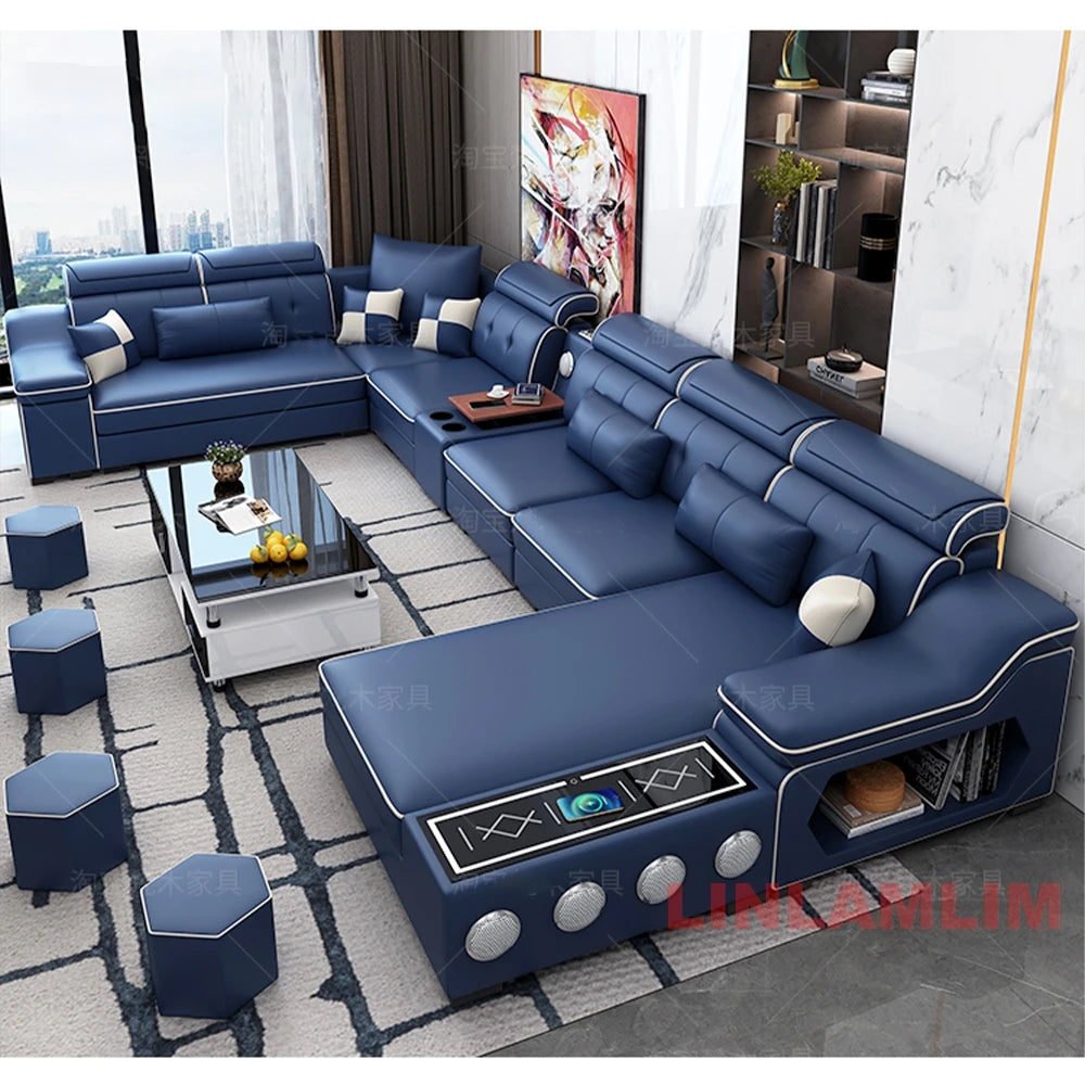 MANBAS Modern Gray U-Shape Corner Medium Firm Soft Comfortable Fabric Sectional Sofa Sets/ Chaise Lounge/ Bluetooth Speakers/ USB Charging Ports/4 Stools/Colors-Blue/Dark Blue/Dark Gray/Light Gray/Off White/Beige/NO Table