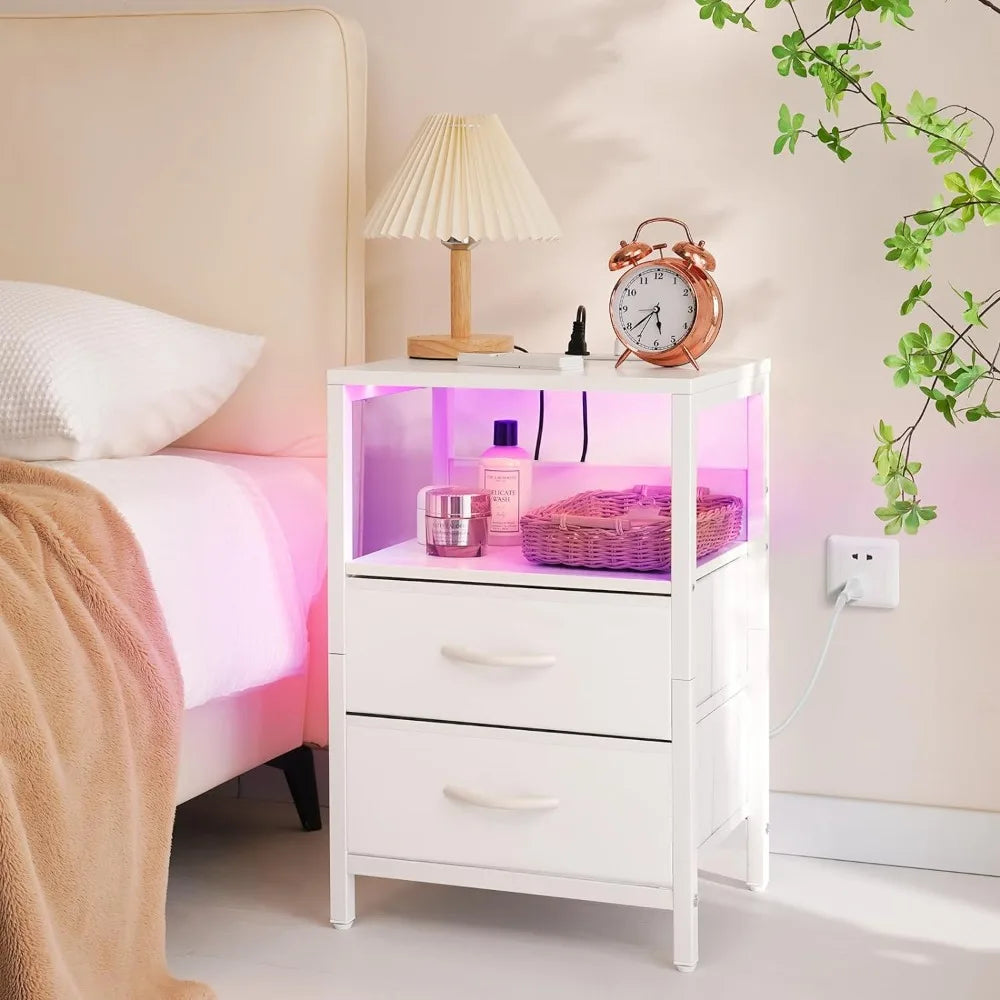 MATE BIRDS White Small Open Shelf LED Lighted Charging Station Two Fabric Drawers Side Nightstands/ 2 USB Ports/2 AC Outlets/Dimension: 15.7"L × 11.8"W × 23.6"H/Holds Up To 100lbs