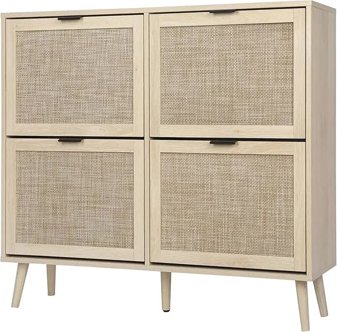 ANGDUO Indoor Beige-Black Natural Rattan 3 Tiers Flip-Out Drawers Free Standing Four Black Metal Feet Shoe Organizers/Product Dimension:9.45"D x 23.6"W x 48.9"H/ Product Weight:41lbs/Assembly Required/Storage Options Also