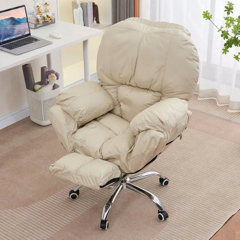 No-EN-Name-Null Mahjong Beige Upholstered Soft Plush Comfortable Fabric Adjustable Rotating Armed Five-Point Metal Four Roller Wheels Base Computer Office Chairs/Pull-Out Footrest/ Colors-Gray/Pink/White/Blue/Beige