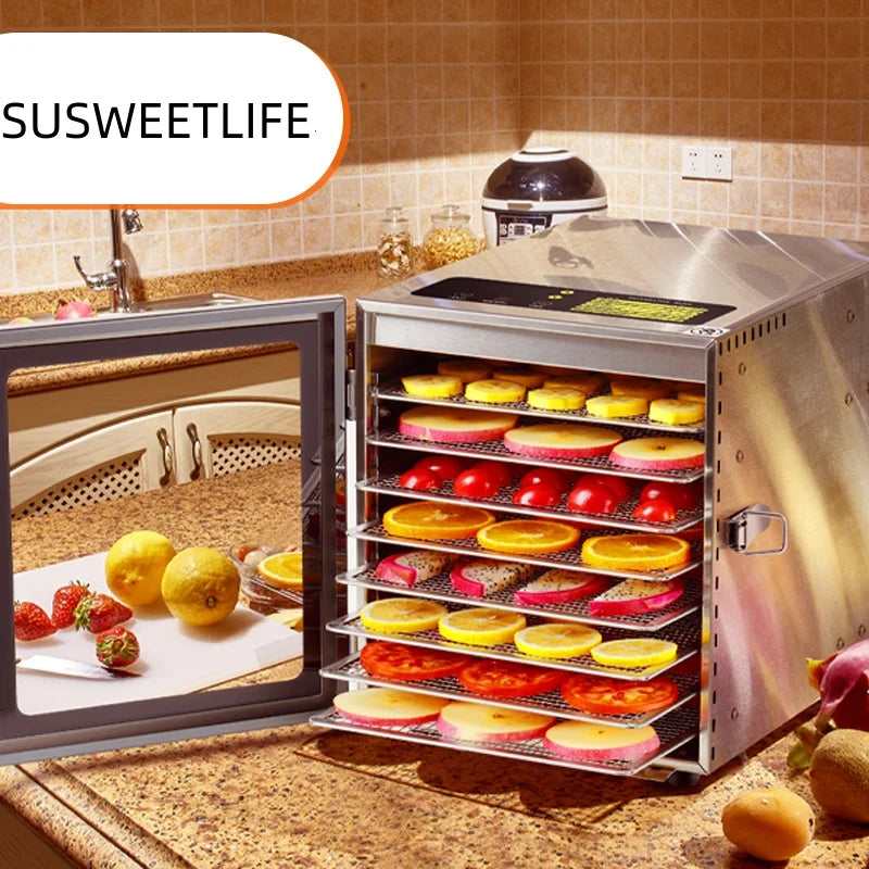 SUSWEETLIFE Kitchen Stain Steel 8 Layers Fruit Dehydrator Machines/120V 60Hz/ 500 Watts/Glass Door/Stain Steel Trays/Colors-Silver/White
