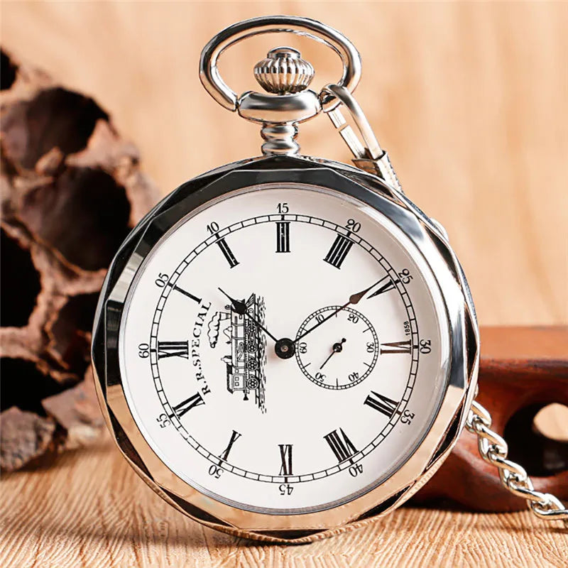 No-EN-Name-Null Adults Antique Roman Numeral Bronze Round Case Analog Display Round Acrylic Face Hand Winding Mechanical Vintage Railway Locomotive Train Design Metal Pendant Chain-Pocket Watches/Colors-Silver/White Bronze/Bronze