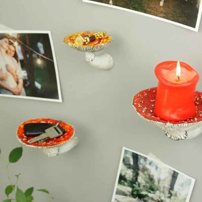 No-EN-Name-Null Modern Wall Mounted Unique Floating Shelves Red-White Amanita Mushroom Head-Stem-Cup Resin Candle Holder Trays/Colors-White/Red/Gray
