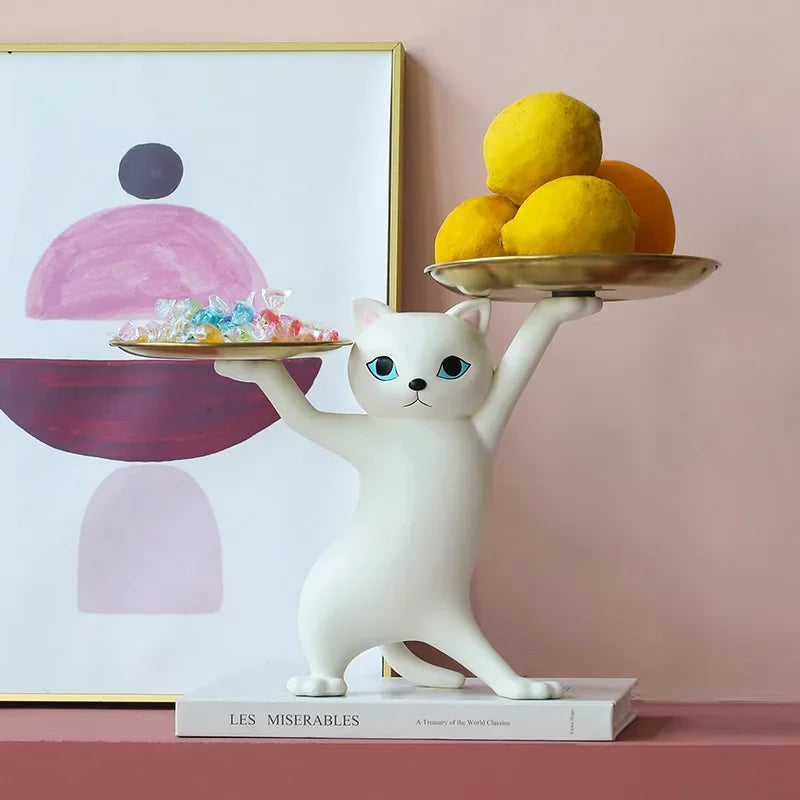 No-EN-Name-Null Modern Front Door Resin White Cat Blue Eyes Holding Two Gold Key Caddy Tray In His-Her Paws Animal Figurines /Colors-Gray/White/Gold/Blue/Brown/Animal/Multicolor