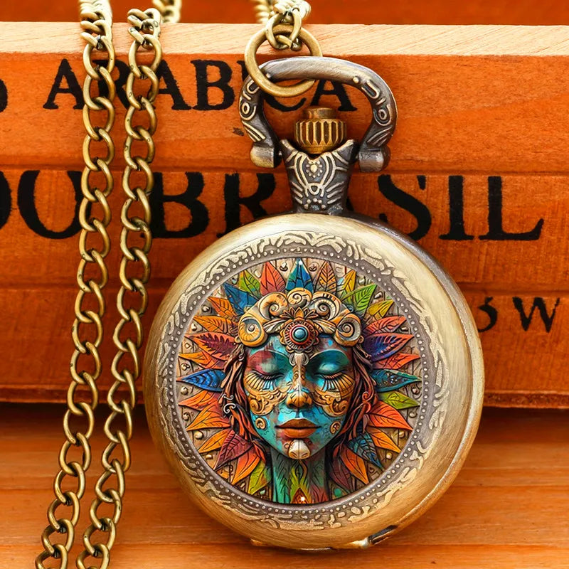 SOXY Women Waterproof Vintage Stainless Steel Metal Quartz Round Shaped Case Glass Face Analog Display Multicolor Bohemia Custom-Folk Women Face Design Bronze Necklace Chain-Pocket Watches