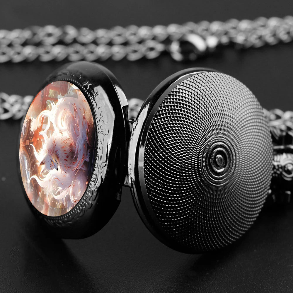 No-EN-Name-Null Adults Unisex Quartz Black Antique Round Shaped Creative Cartoon Nine-Tailed Fox Analog Display Arabic Numerals Black Necklace Chain-Pocket Watches/ Colors-Golden/Bronze/Silvery/Black