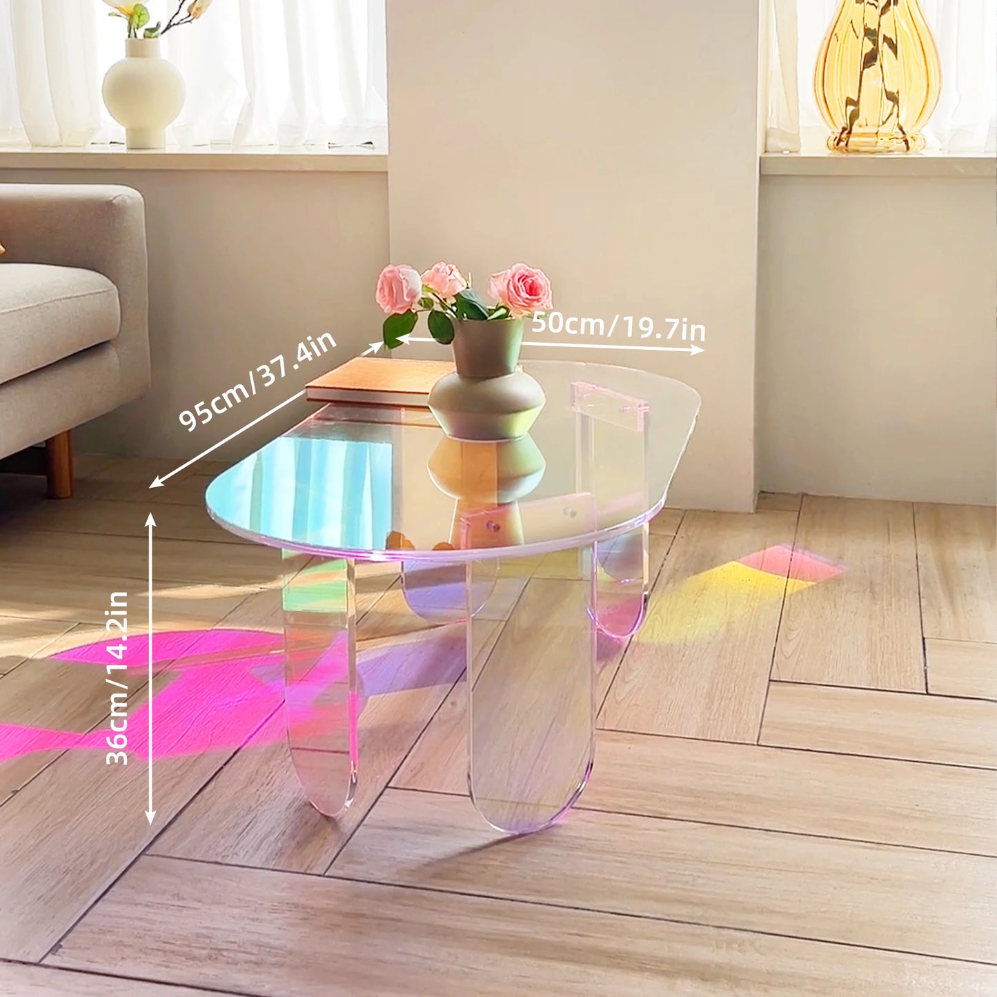No-EN-Name-Null Modern Curved Corners Long Rectangle Shaped Iridescent Design Clear Acrylic Coffee Tables/Size: 37.4 in (L) x 19.7 in (W) x 14.2IN (H)