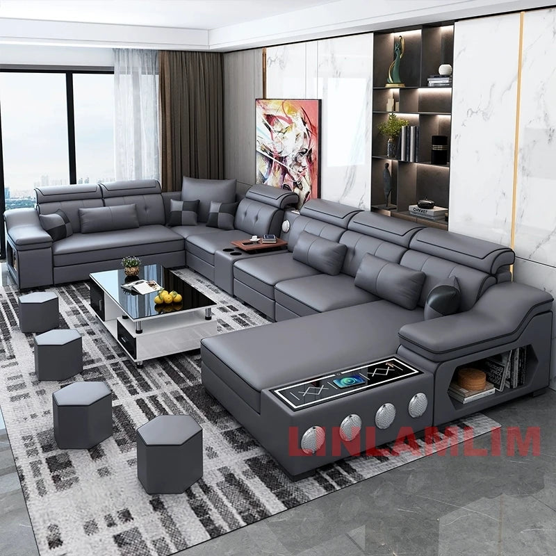 MANBAS Modern Gray U-Shape Corner Medium Firm Soft Comfortable Fabric Sectional Sofa Sets/ Chaise Lounge/ Bluetooth Speakers/ USB Charging Ports/4 Stools/Colors-Blue/Dark Blue/Dark Gray/Light Gray/Off White/Beige/NO Table