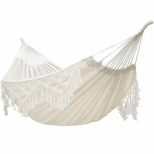 LIGHTEN UP Outdoor-Indoor Adults Large Beige Two Person Brazilian Bohemia Hanging Tassels Polyester-Cotton Blend Hammocks/ Size(L): 318 x 150 cm/Size(XL): 360 x 160 cm/Colors-Beige/White/Black/Weight Max : 450 LBS