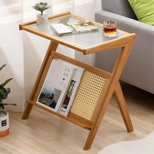 Z Shaped Bamboo Removable Glass Top End Table W/ Magazine Rack/Colors-Black/Brown/Oak