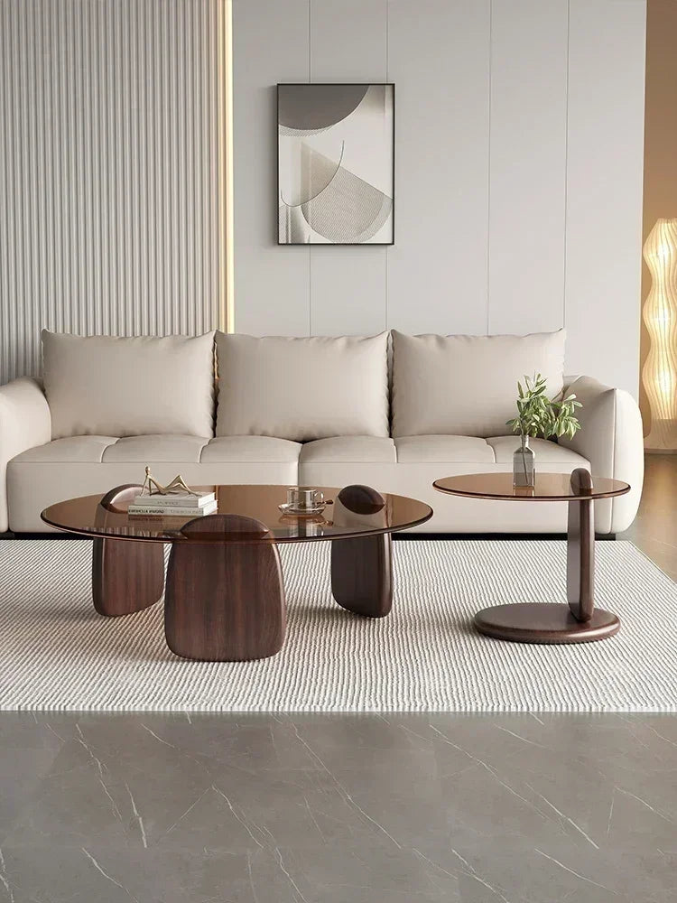 No-EN-Name-Null 2 PCS Modern Brown-Gray Thick High Tempered Glass Round Shaped Tops Solid Oak Rubberwood Three-Legged Design Coffee Table Sets/Easy To Clean/Colors-Gray Glass Tops/Brown Glass Tops
