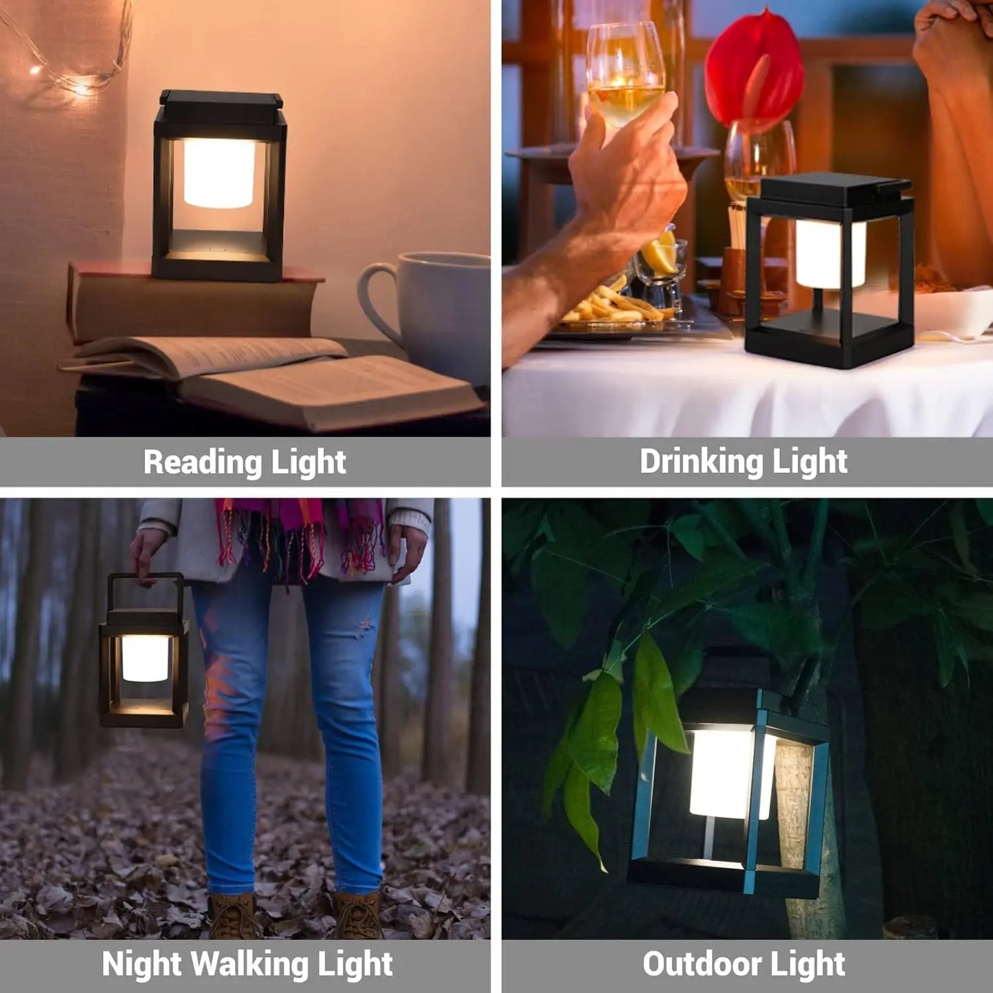 Jeannette Outdoor Solar-Powered Waterproof Black Square Plastic Windows Tabletop Lanterns USB Charging 3-Levels Warm White LED Touch Control Built-In Rechargeable Battery Landscape Pathway Lighting /Colors-Gray/Black/White/LED Bulb Included