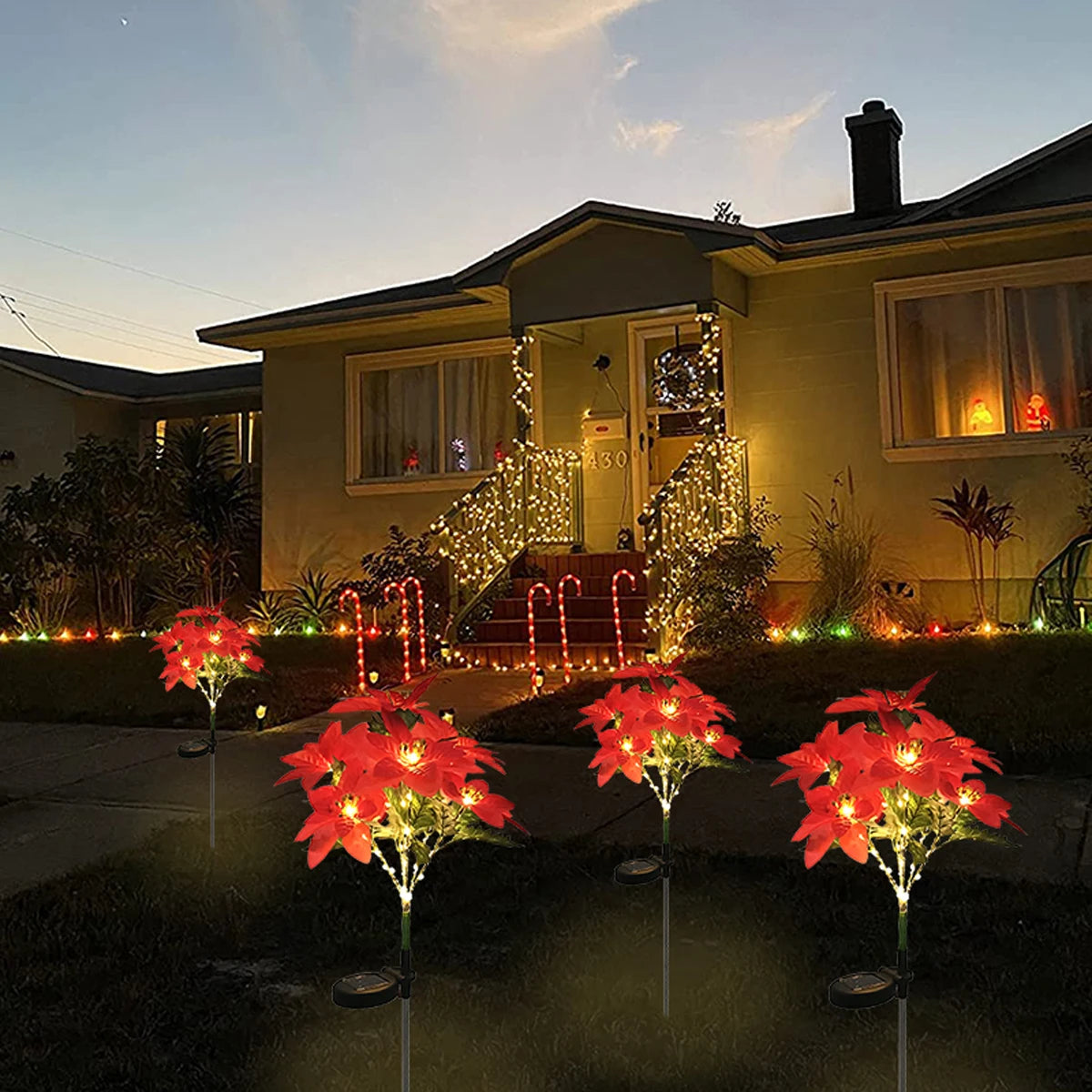 No-EN-Name-Null Outdoor Solar-Powered Warm White LED Red Christmas Poinsettia Flower Bouquet Holiday Stick Lights
