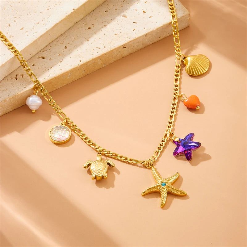 DIEYURO Adult Women Stainless Steel Gold-Plated Imitation Star-Pearl-Heart-Shell-Turtle-Starfish-Mood Tracker Pendant Chain Necklaces