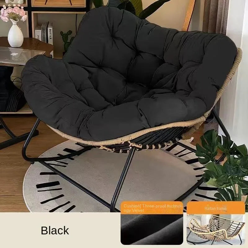 No-EN-Name-Null  Modern Indoor One Person Soft Upholstered Padded Bird Nest Thick Linen Multicolor Cushions Rattan Seat Bottom Black Metal Frame Reclining Rocking Chairs/Colors- Gray/Beige/Black/Brown/Multicolor