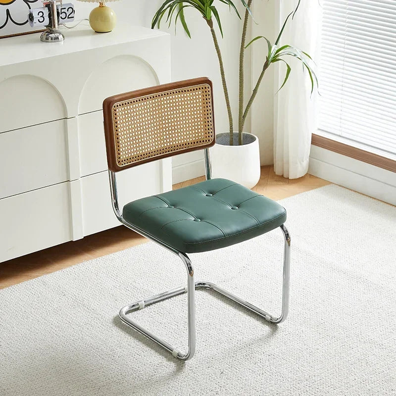 No-EN-Name-Null Nordic Armless Woven Rattan Brown Solid Wood Beige Meshed Hard Backrest-Faux Leather Seat Cushion Silver Stainless Steel Metal Frame-Legs Kitchen-Dining Room Chairs/Colors-Brown/Green/Black/Gray/Orange