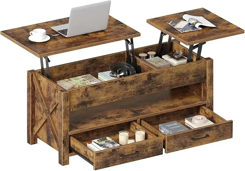 No-EN-Name-Null SEVEN TABLE Black Rectangle Lift Up Tops Hidden Compartment Two Storage Drawers Coffee Tables/ Colors-Black/Rustic Brown/Gray/Espresso