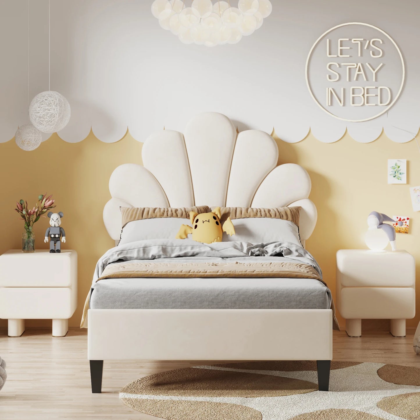 No-EN-Name-Null  Modern Upholstery Padded Flower Shaped Soft Velvet Headboard Platform Bed FRAMES / WITHOUT MATTRESS-DRAWER/ Headboard-Slats/Dimensions: 206cm L x 100cm W x 110.5cm H /Colors-Beige/Burgundy/Pink/ Load Capacity: 440.925 LBS