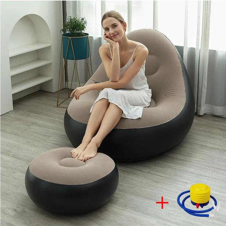No-EN-Name-Null Modern Soft Velvet Upholstered Multicolor Fabric Lazy Air-Filled Poly-Vinyl Inflatable Foldable Feet Stool-Outdoor Chairs/ Multifunctional Ottoman/Colors-Red/ Black/Royal Blue/Multicolor