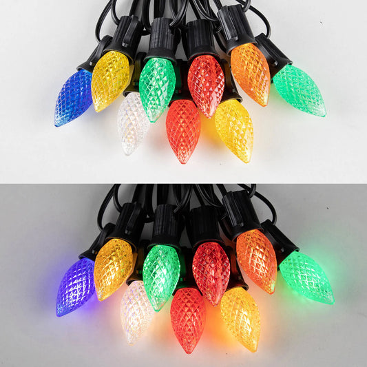 GRENSK Outdoor Waterproof Freeze-Sun-Windproof Temperature Warm White Dimmable Plastic Garland Multicolor Beautiful Strawberry Shaped 23-Strands C7 LED Straight 25FT Light Ropes-Strings/ Colors-Red/Blue/Black/Yellow/Green/Geometric/Multicolor/US 110V