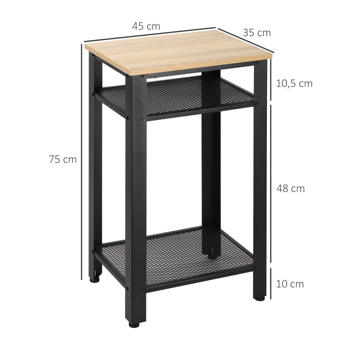 HOMCOM Modern Square Shaped Industrial Melamine Laminated Oak Wood Countertop Two Black Steel Metal Flat Shelves-Four Black Metal Legs Adjustable Feet Side End Tables