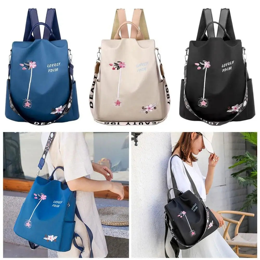 Women Modern Double Zippers Exterior Pockets Waterproof Black Oxford Fabric Floral Embroidered Flowers Design Polyester Lining Two Adjustable Straps-Two Handle Travel Backpacks/Single Compartment/Colors-Black/Pink/Blue